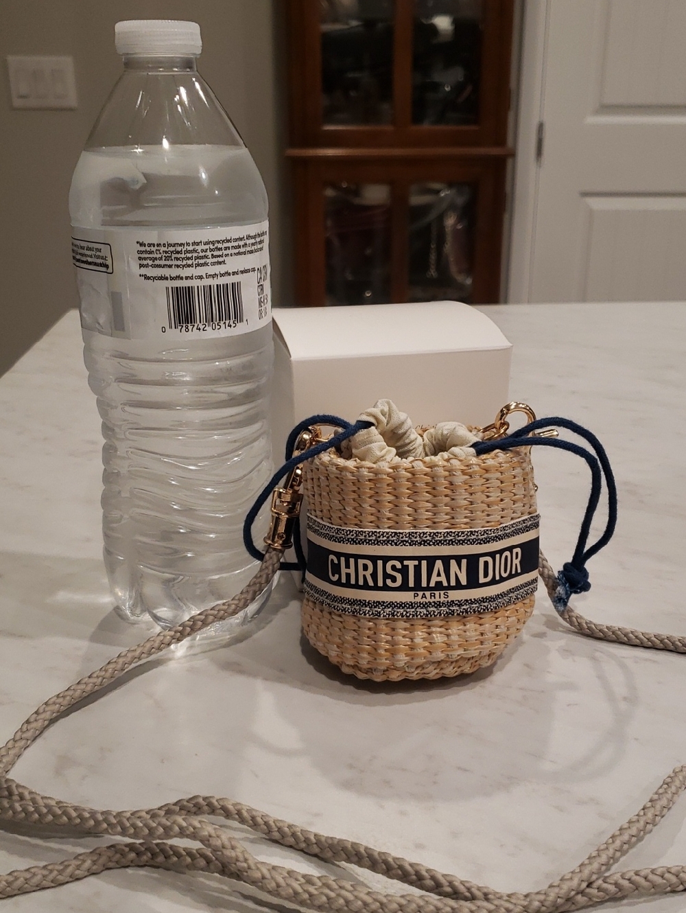 Christian Dior Cream Woven Mini Bucket Bag with Navy Trim - Picture 6 of 7